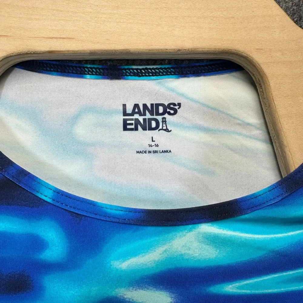 Lands End Boys Large 14-16 Blue Marble Rash Guard Swim Shirt Long Sleeve